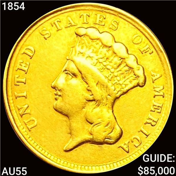 1854 $3 Gold Piece CHOICE AU