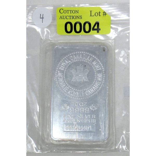 10 Oz .9999 Silver Royal Canadian Mint Serial Numbered Bar