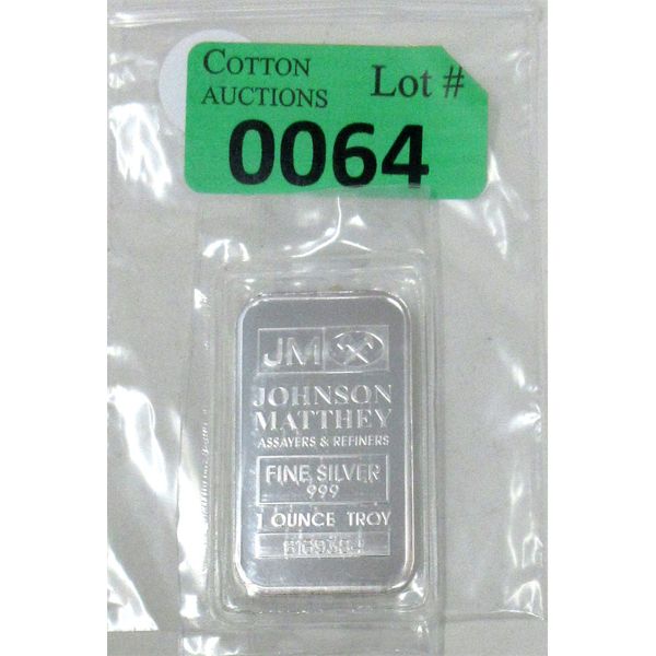 1 Oz .999 Silver Johnson Matthey Serial Numbered Bar