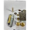 Image 2 : Interesting Box with Embossed Metal Lid & Contents- Folding Knives, Coins Etc