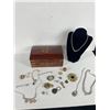 Image 1 : Gorgeous Wood with Brass Inlay Jewel Box with Key& Vintage Costume Jewelry