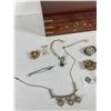 Image 2 : Gorgeous Wood with Brass Inlay Jewel Box with Key& Vintage Costume Jewelry