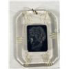 Image 2 : Art Deco 1940's Vulcanite Cameo on Square Clear Carved Lucite Mourning Pendant