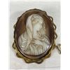 Image 2 : Beautiful Large Oval Cameo Depicting Madonna Brooch- Looks to Be Molded Celluloid with Scalloped Met