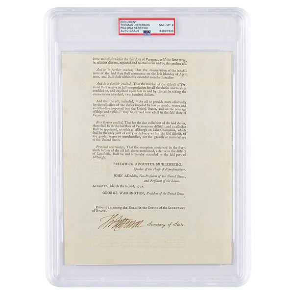 Thomas Jefferson Document Signed as President - PSA NM-MT 8
