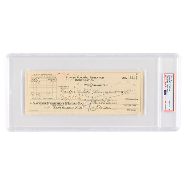 Thomas Edison Signed Check - PSA NM-MT 8