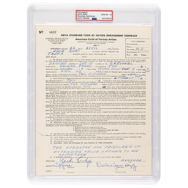 Jack Ruby Document Signed - PSA GEM MT 10