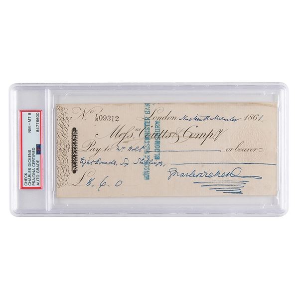 Charles Dickens Signed Check - PSA NM-MT 8