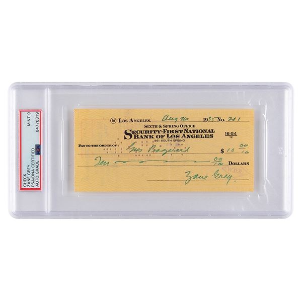 Zane Grey Signed Check - PSA MINT 9