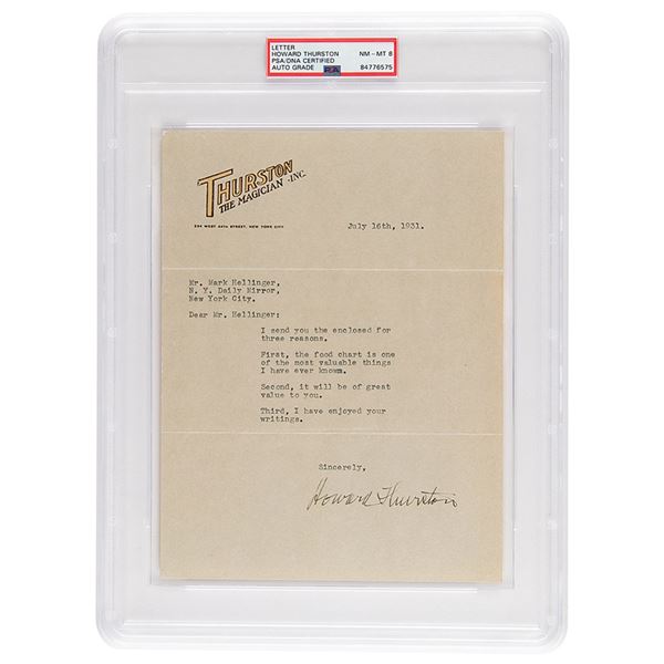 Howard Thurston Typed Letter Signed - PSA NM-MT 8