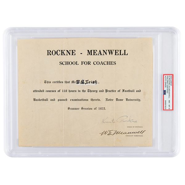 Knute Rockne and Walter Meanwell Document Signed - PSA NM-MT 8
