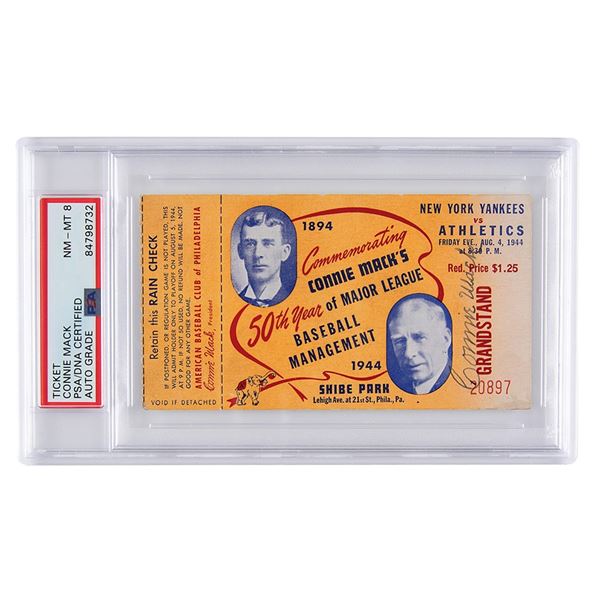 Connie Mack Signed Ticket Stub - PSA NM-MT 8