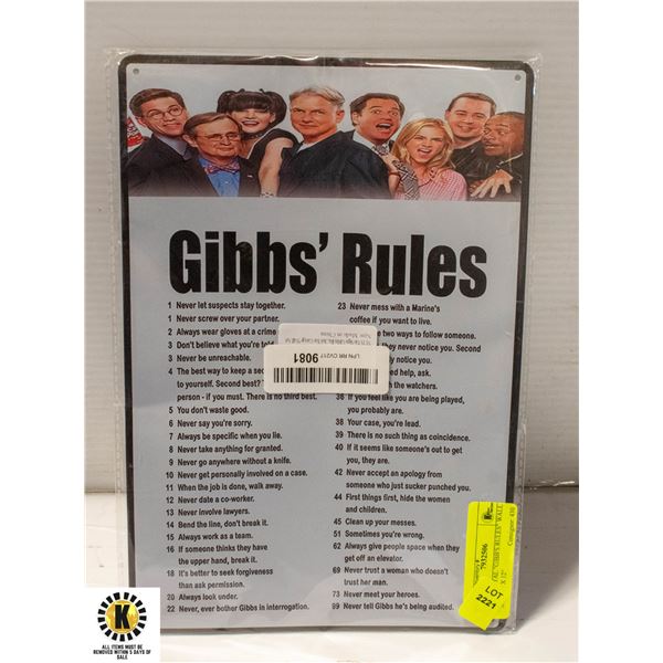 NEW METAL  GIBB'S RULES  WALL SIGN 8  X 12 