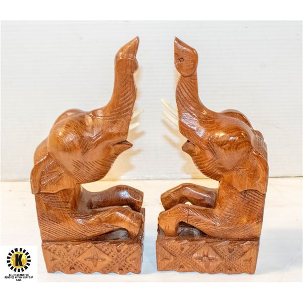 CARVED WOOD ELEPHANT BOOK ENDS