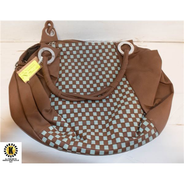 NEW DARK BROWN W SEA GREEN CHECKERED LEATHER BAG