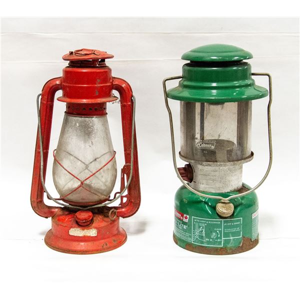 FLAT OF TWO COLEMAN LANTERNS ONE GLOBE HAS CRACK