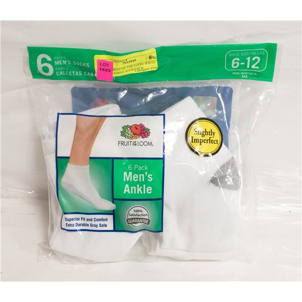 NEW FRUIT OF THE LOOM WHITE MENS ANKLE SOCKS SZ 6-