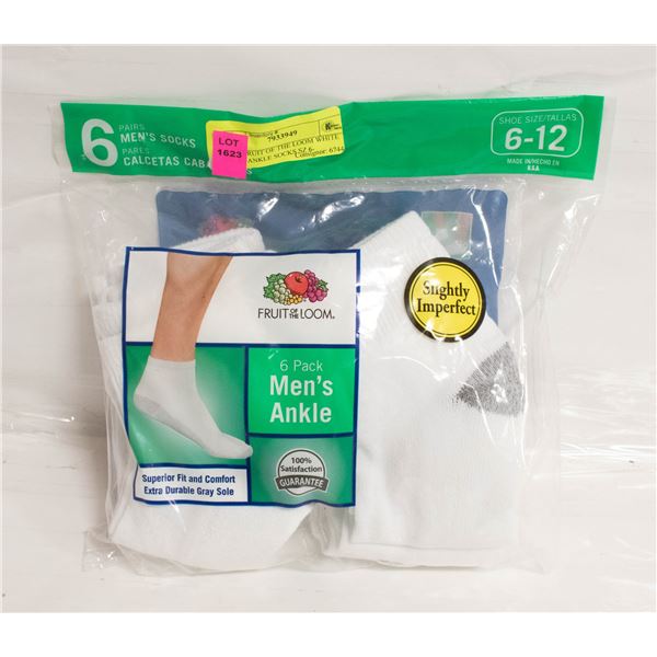 NEW FRUIT OF THE LOOM WHITE MENS ANKLE SOCKS SZ 6-