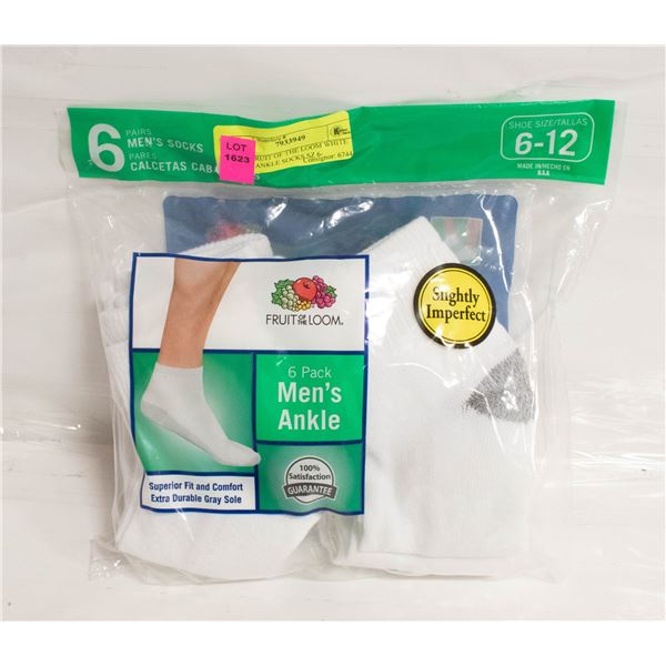 NEW FRUIT OF THE LOOM WHITE MENS ANKLE SOCKS SZ 6-