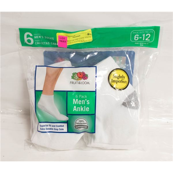 NEW FRUIT OF THE LOOM WHITE MENS ANKLE SOCKS SZ 6-