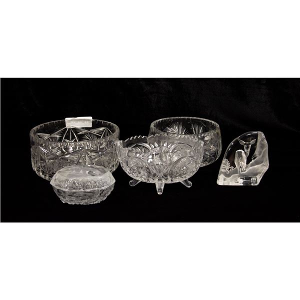 3 CRYSTAL BOWLS/GLASS DISH W/BEAR ON LID W/ETCHED