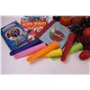 Image 2 : Plastic Top Hat, (6) Silicone Freezer Pop Tubes, (4) Kids' Books, and Plastic Fruit
