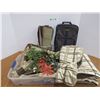 Image 1 : Painted Wiker Basket - Suitcase - Tote (no Lid) - Blanket - Comforter (ripped) - Christmas Decor