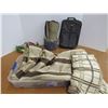 Image 6 : Painted Wiker Basket - Suitcase - Tote (no Lid) - Blanket - Comforter (ripped) - Christmas Decor