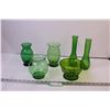 Image 1 : (4) Green Glass Vases + Green Glass Rose Bowl and Plastic Bowl