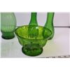 Image 3 : (4) Green Glass Vases + Green Glass Rose Bowl and Plastic Bowl