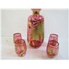 Image 2 : Pink Glass Decanter (chipped) w/Glasses