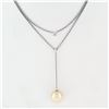 Image 2 : 14K White Gold 12mm Round Golden Pearl & 8pt Diamond 16" Layered Dangle Necklace