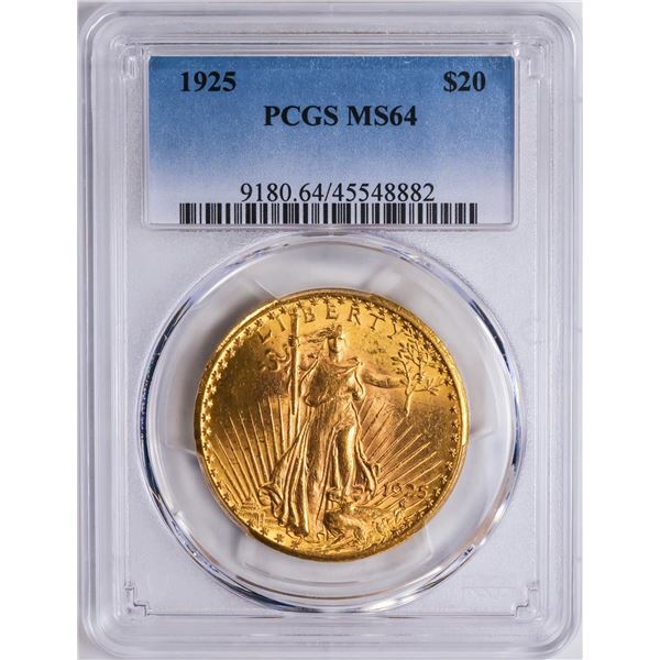 1925 $20 St. Gaudens Double Eagle Gold Coin PCGS MS64