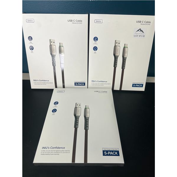 Lot of 3 Packs of USB-C Charging Cables (5 Cables Per Box/15 Total)