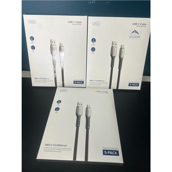 Lot of 3 Packs of USB-C Charging Cables (5 Cables Per Box/15 Total)
