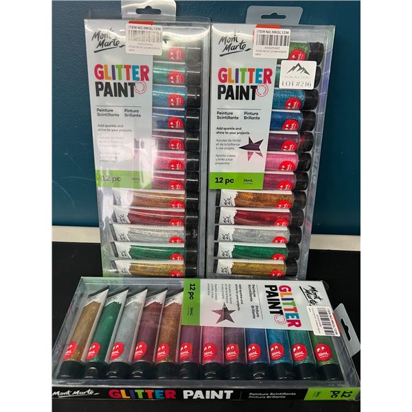 Lot of 3 Mont Marte Glitter Paint Sets - 12PCS each