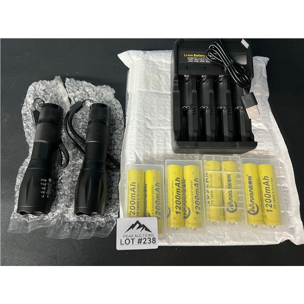 Lot of 2 LED Tactical Flashlights w/ Rechargeable Batteries & Charger