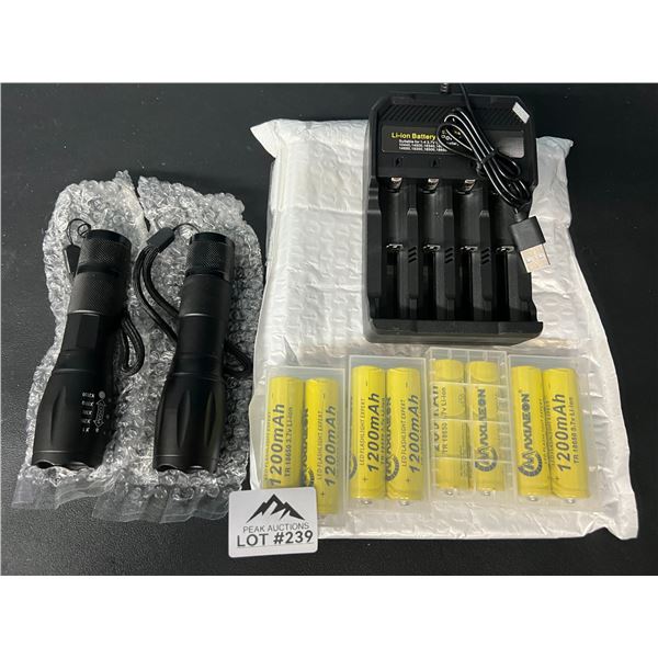 Lot of 2 LED Tactical Flashlights w/ Rechargeable Batteries & Charger