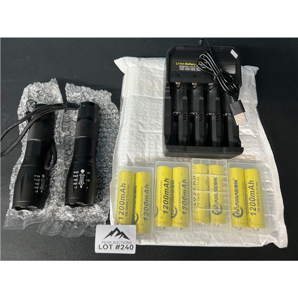 Lot of 2 LED Tactical Flashlights w/ Rechargeable Batteries & Charger