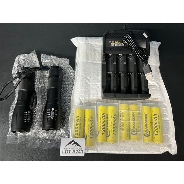 Lot of 2 LED Tactical Flashlights w/ Rechargeable Batteries & Charger