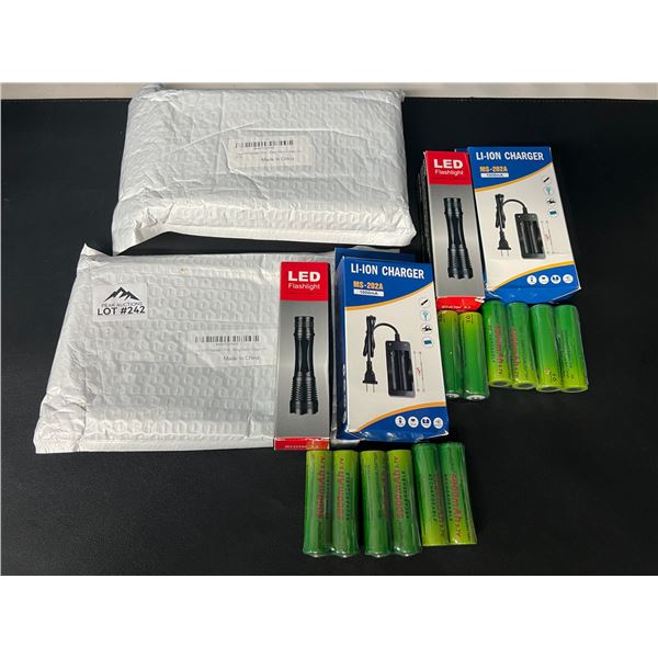 Lot of 2 LED Tactical Flashlights w/ Rechargeable Batteries & Charger
