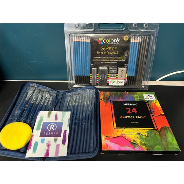 Lot of Assorted Art Supplies - 26pc Drawing Set, Paint Brushes & 24pcs Acrylic Paint Set