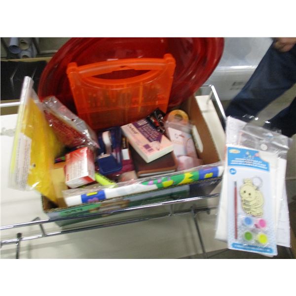 BOX C/W LARGE TRAY, TISSUE PAPER, OFFICE SUPPLIES, ETC