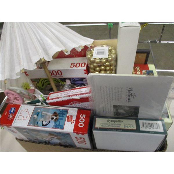 BOX C/W PUZZLES, DECORATIVE UMBRELLA, CRAFT SUPPLIES, ETC