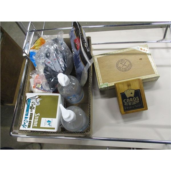BOX C/W HAND SANITIZER, COFFEE FILTERS, STIR STICKS, ETC