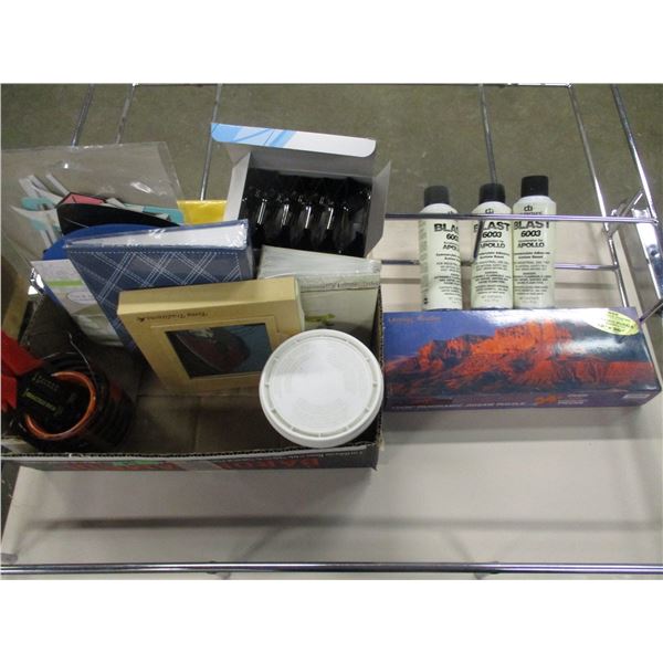 BOX C/W OFFICE SUPPLIES, WIRE STRIPPERS, AIR BLASTERS, PUZZLE, ETC