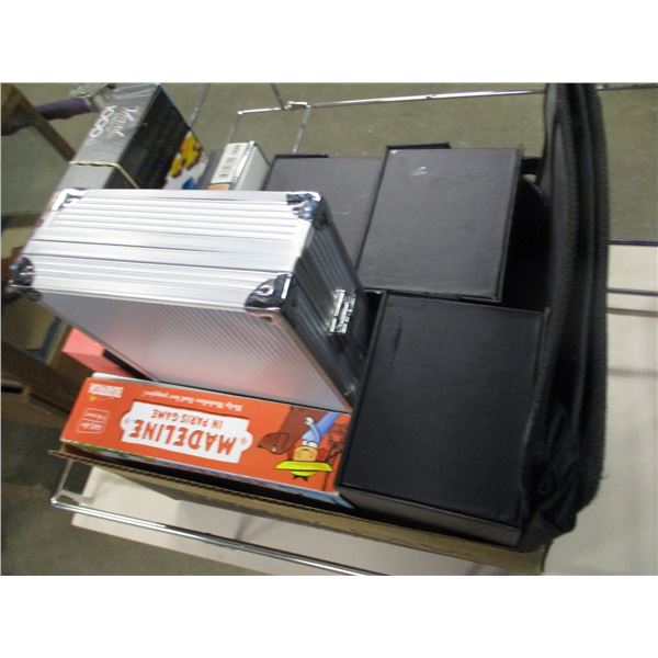 BOX C/W PORTFOLIO, ALUMINUM BOX, PUZZLES, ETC