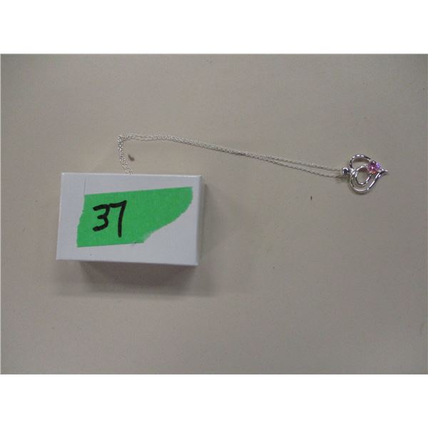 18" NECKLACE STAMPED 925 SILVER WITH HEART PENDANT WITH PINK STONE