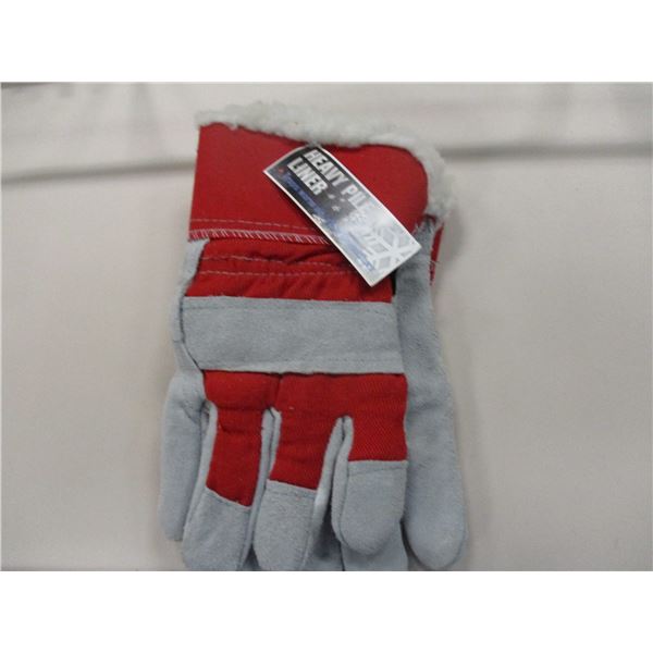 NEW:  FLEECE LINED LEATHER GLOVES (RED/SIZE LARGE) - PER PAIR
