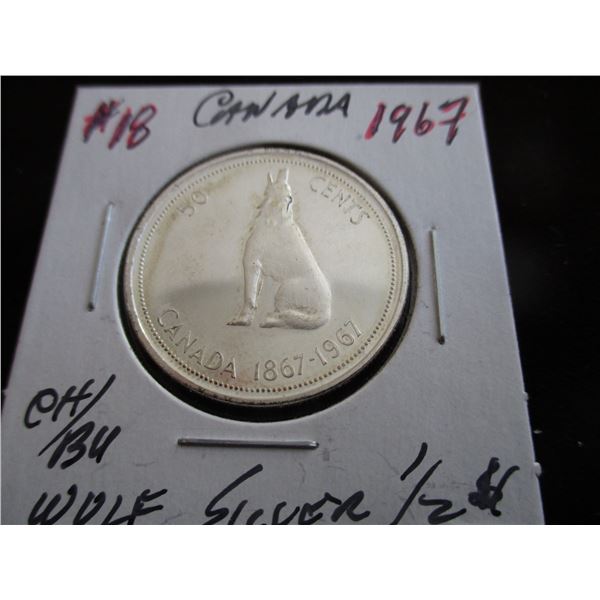 1967 CH/BU CANADA WOLF SILVER HALF DOLLAR